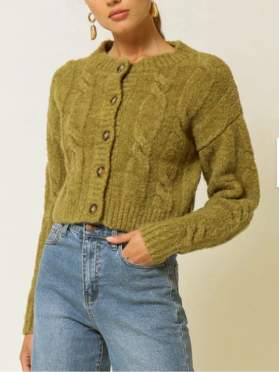 Line & Dot Sweaters - Line & Dot Clover Sweater Olive Green Cable Knit Cropped Cardigan Cozy Size L
